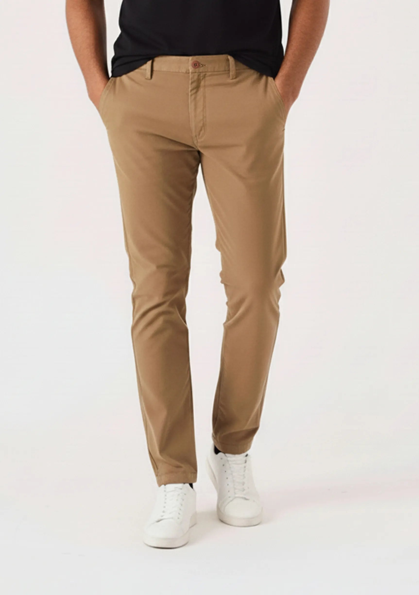 Close up front detail of chino pants light brown