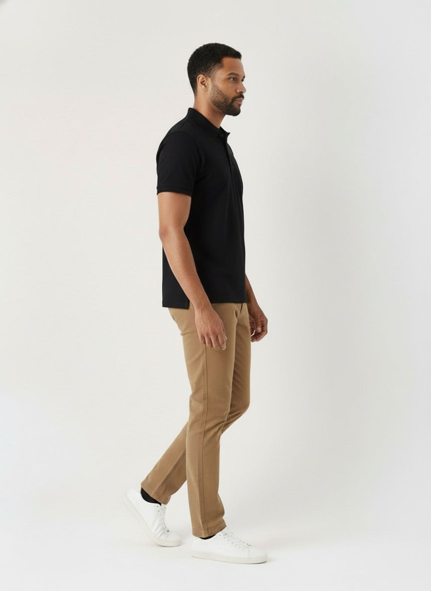 Side profile fit of mens light brown trousers
