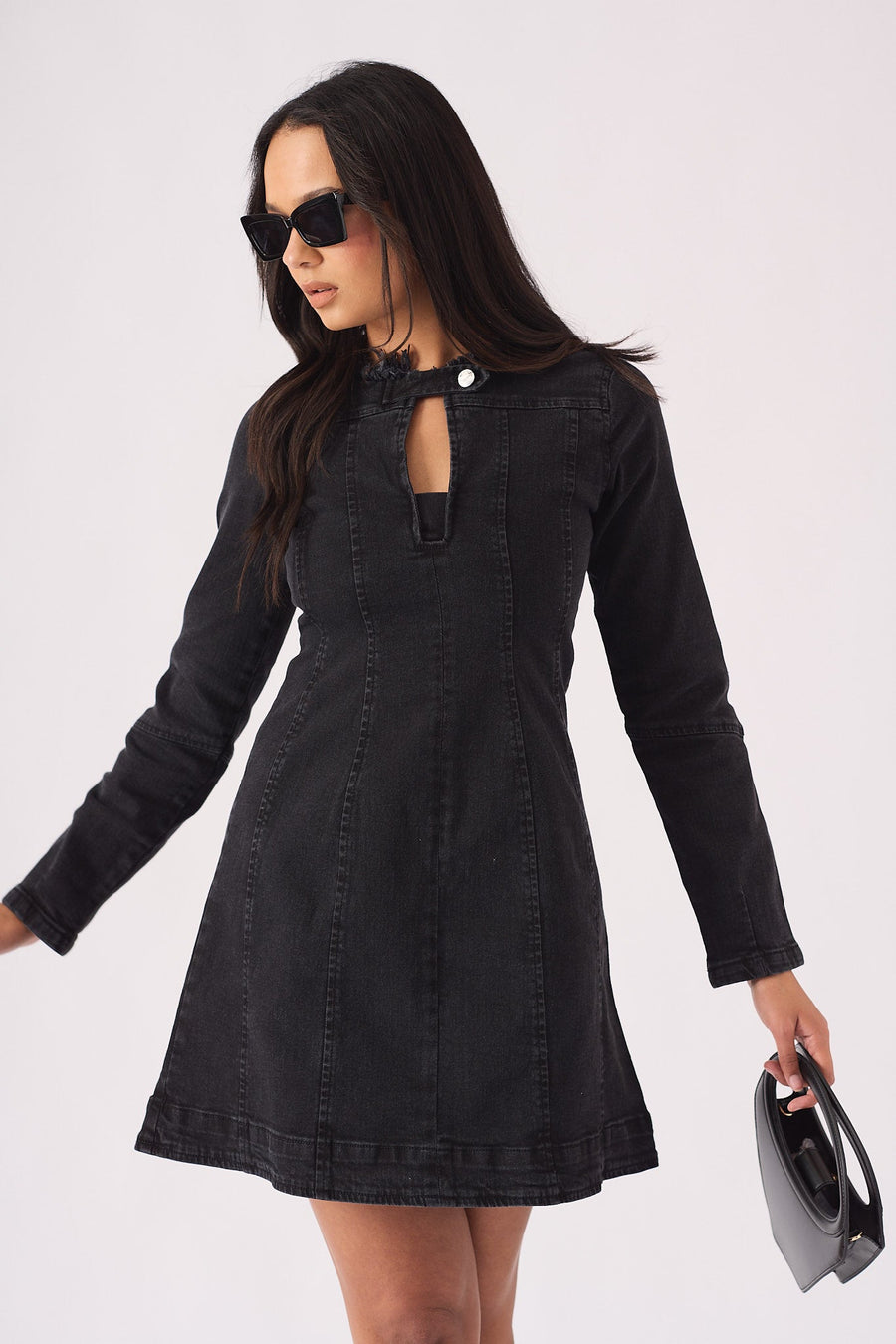 LONG SLEEVE DENIM DRESS - BLACK - JMOJO - Women's Denim Dresses