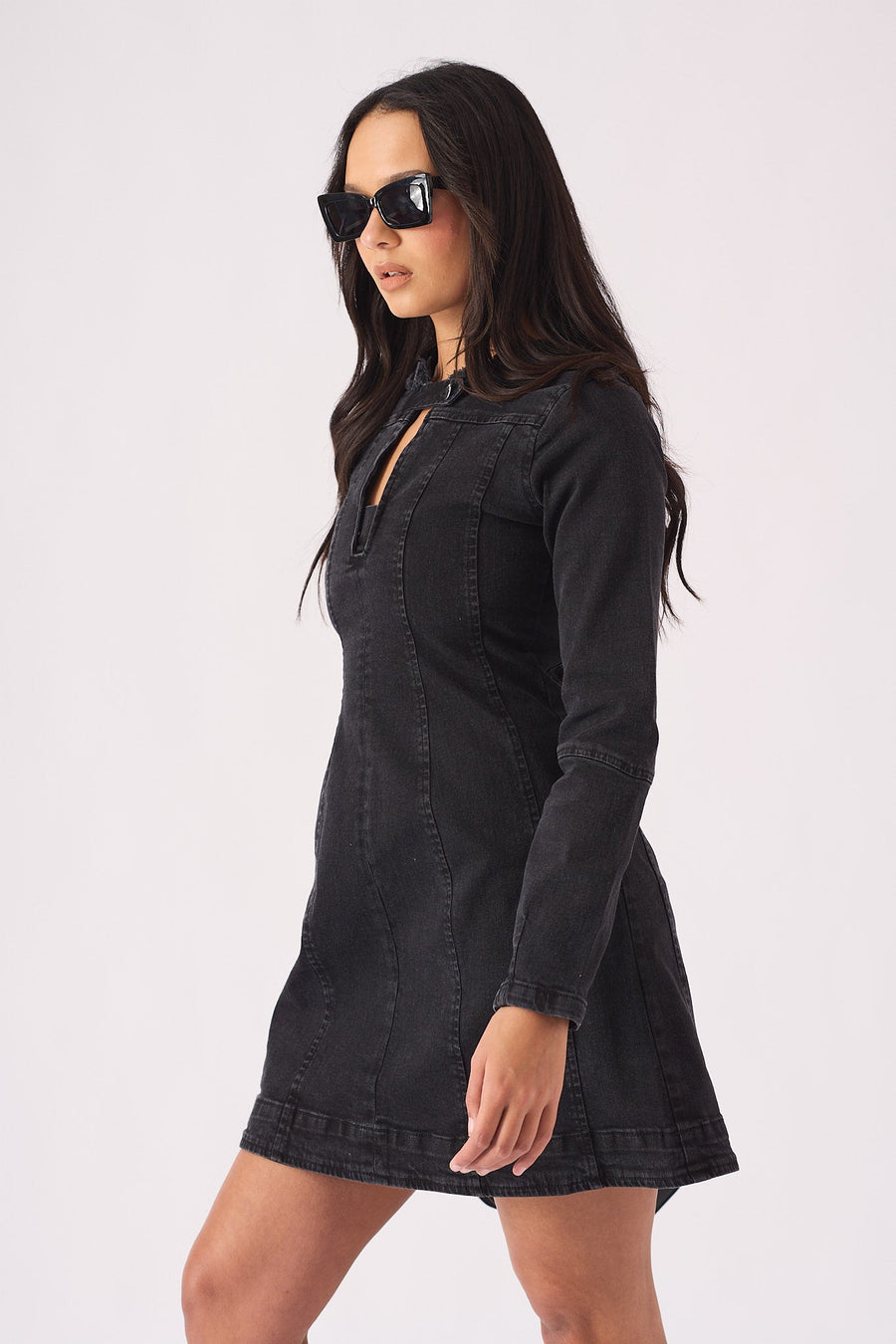 LONG SLEEVE DENIM DRESS - BLACK - JMOJO - Women's Denim Dresses