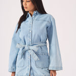 LONG SLEEVE WRAP DRESS - LIGHT BLUE - JMOJO - Women's Denim Dresses