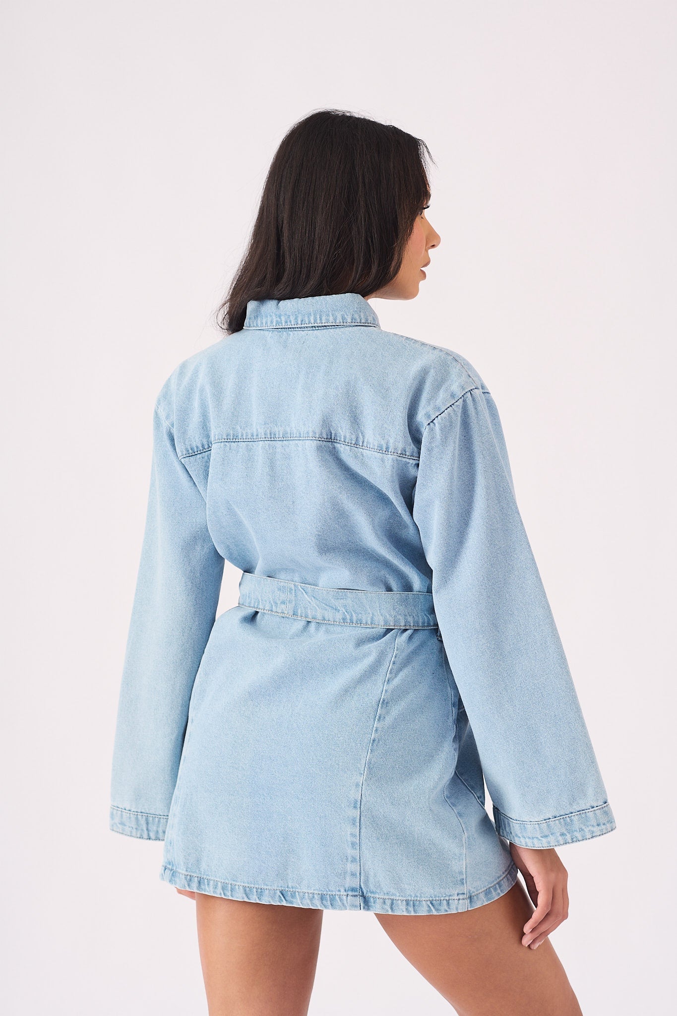 LONG SLEEVE WRAP DRESS - LIGHT BLUE - JMOJO - Women's Denim Dresses