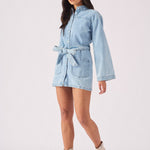 LONG SLEEVE WRAP DRESS - LIGHT BLUE - JMOJO - Women's Denim Dresses