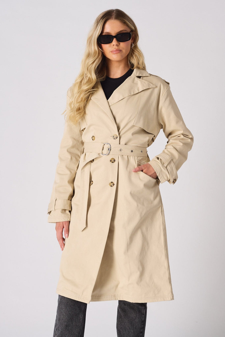 LONGLINE BELTED TRENCH COAT - STONE - JMOJO - Women's Trench Coat