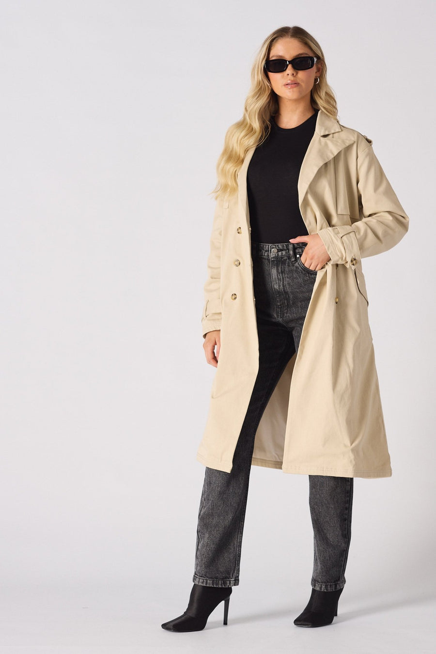 LONGLINE BELTED TRENCH COAT - STONE - JMOJO - Women's Trench Coat