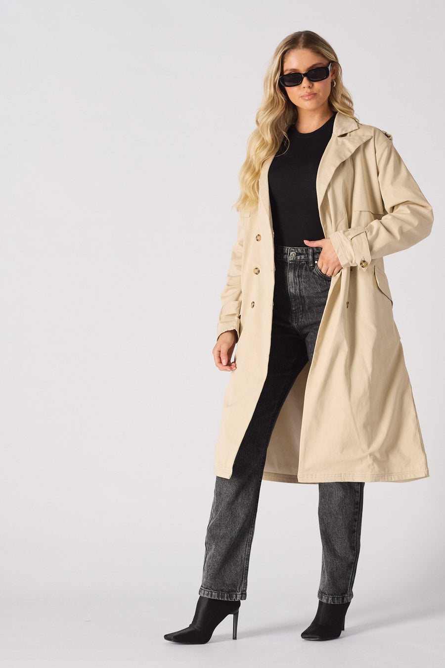 LONGLINE BELTED TRENCH COAT - STONE - JMOJO - Women's Trench Coat