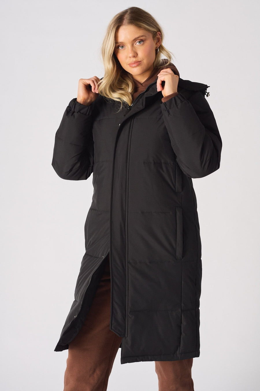 Longline Hooded Puffer Coat - BLACK - JMOJO - Women's puffer coat
