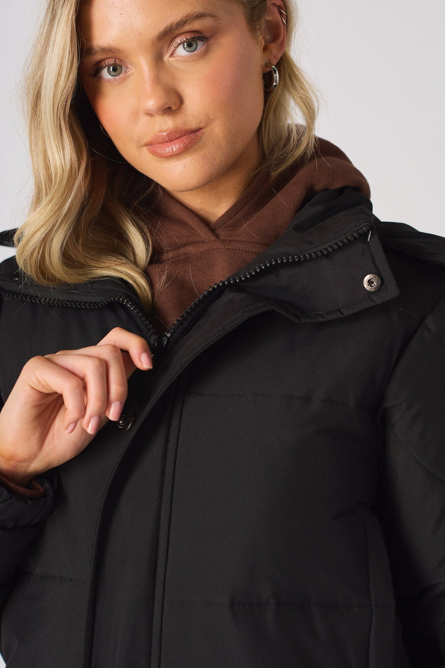Longline Hooded Puffer Coat - BLACK - JMOJO - Women's puffer coat