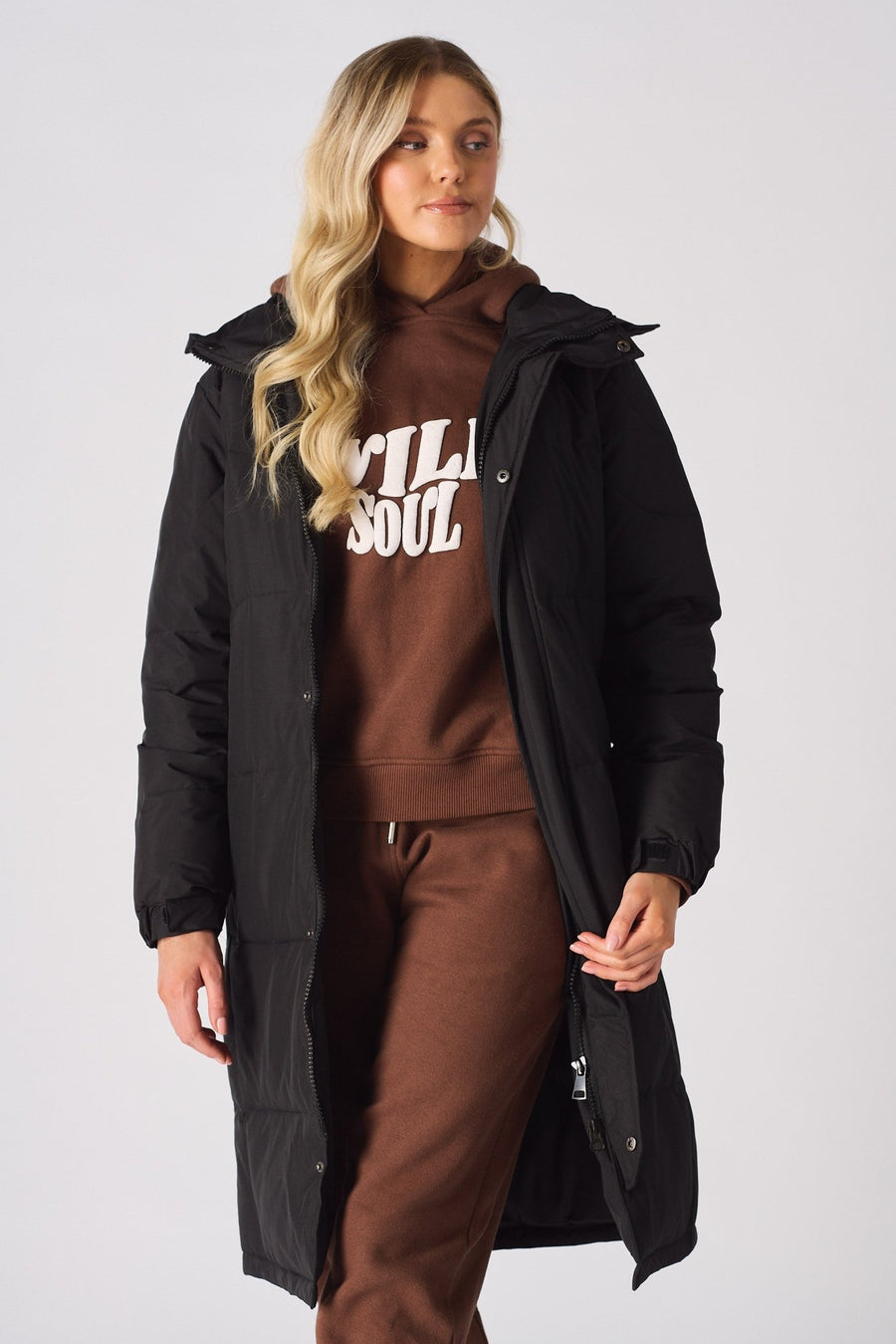 Longline Hooded Puffer Coat - BLACK - JMOJO - Women's puffer coat