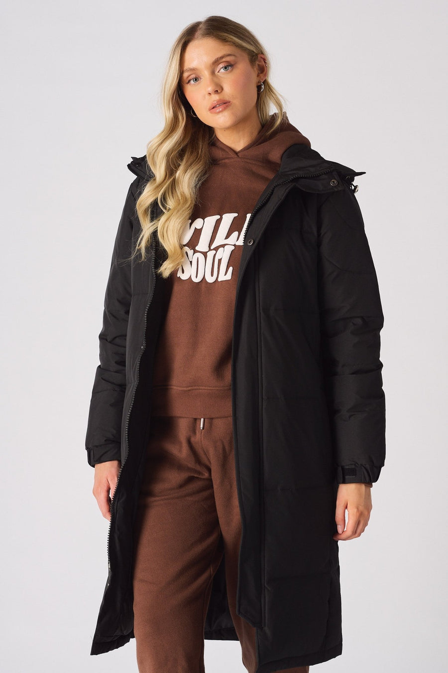 Longline Hooded Puffer Coat - BLACK - JMOJO - Women's puffer coat