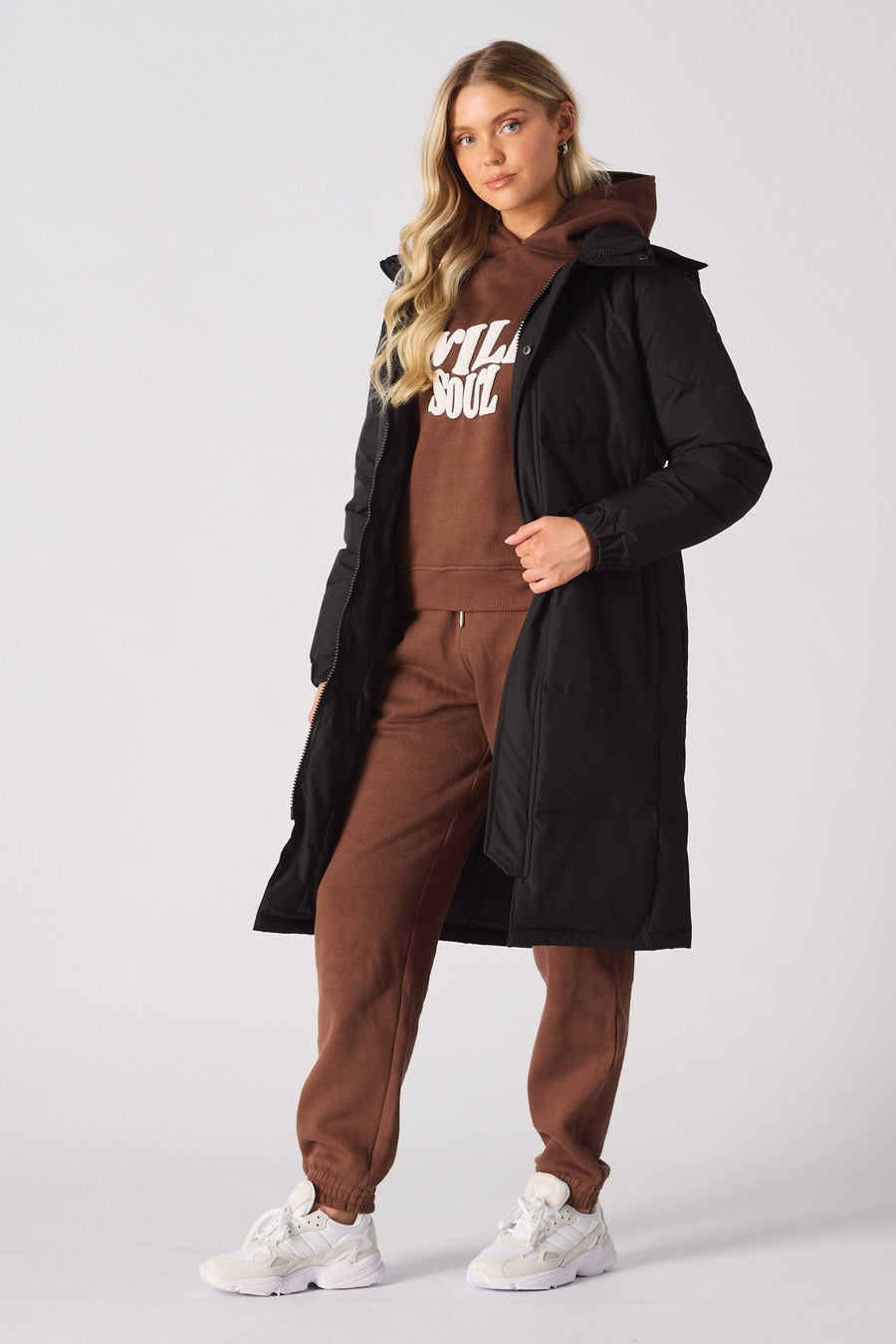 Longline Hooded Puffer Coat - BLACK - JMOJO - Women's puffer coat