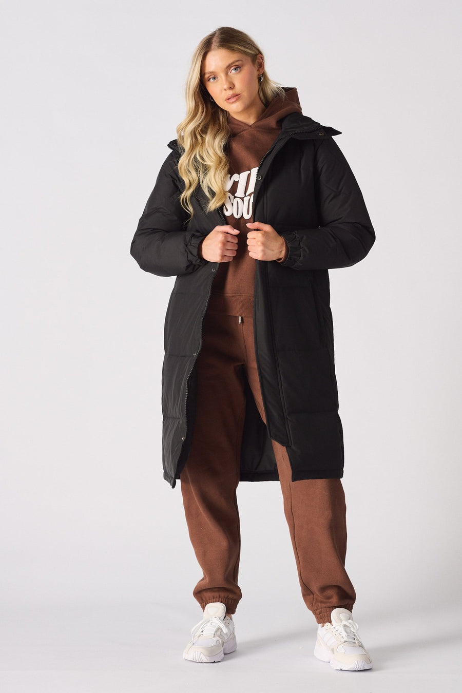 Longline Hooded Puffer Coat - BLACK - JMOJO - Women's puffer coat