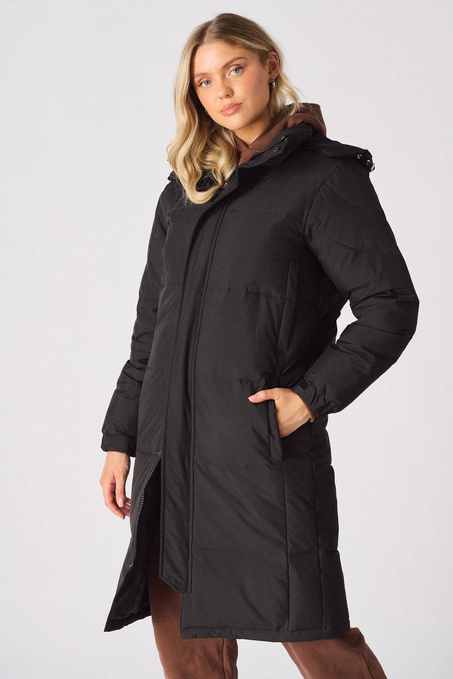 Longline Hooded Puffer Coat - BLACK - JMOJO - Women's puffer coat