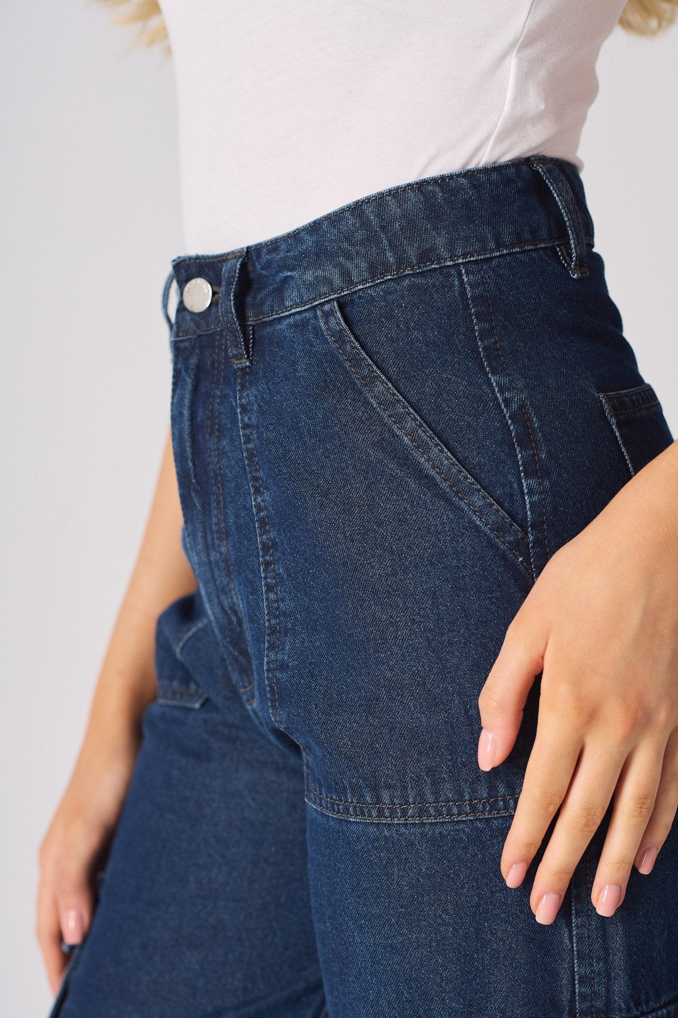 Luxzi High Waisted Wide Leg Cargo Jeans - Blue - JMOJO - Women's wide leg cargo jeans