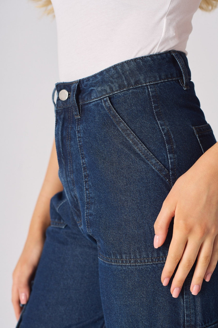 Luxzi High Waisted Wide Leg Cargo Jeans - Blue - JMOJO - Women's wide leg cargo jeans