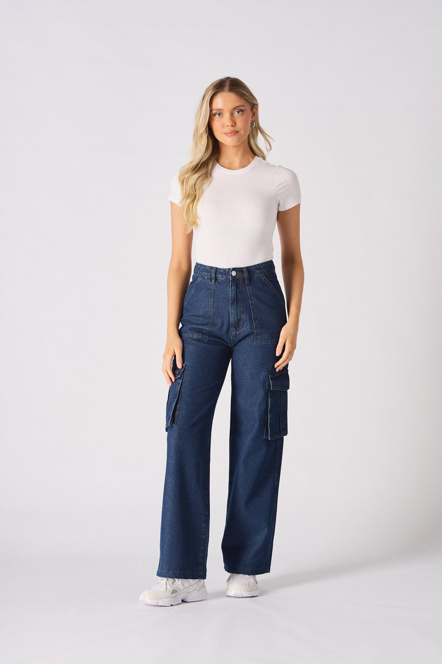 Luxzi High Waisted Wide Leg Cargo Jeans - Blue - JMOJO - Women's wide leg cargo jeans