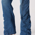 MAIA Ruched High Waisted Flare Jeans - Mid Blue - JMOJO - Women's Flare Jeans