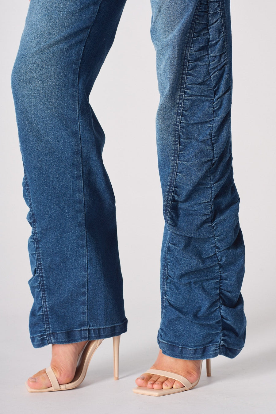 MAIA Ruched High Waisted Flare Jeans - Mid Blue - JMOJO - Women's Flare Jeans