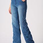 MAIA Ruched High Waisted Flare Jeans - Mid Blue - JMOJO - Women's Flare Jeans