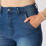 MAIA Ruched High Waisted Flare Jeans - Mid Blue - JMOJO - Women's Flare Jeans