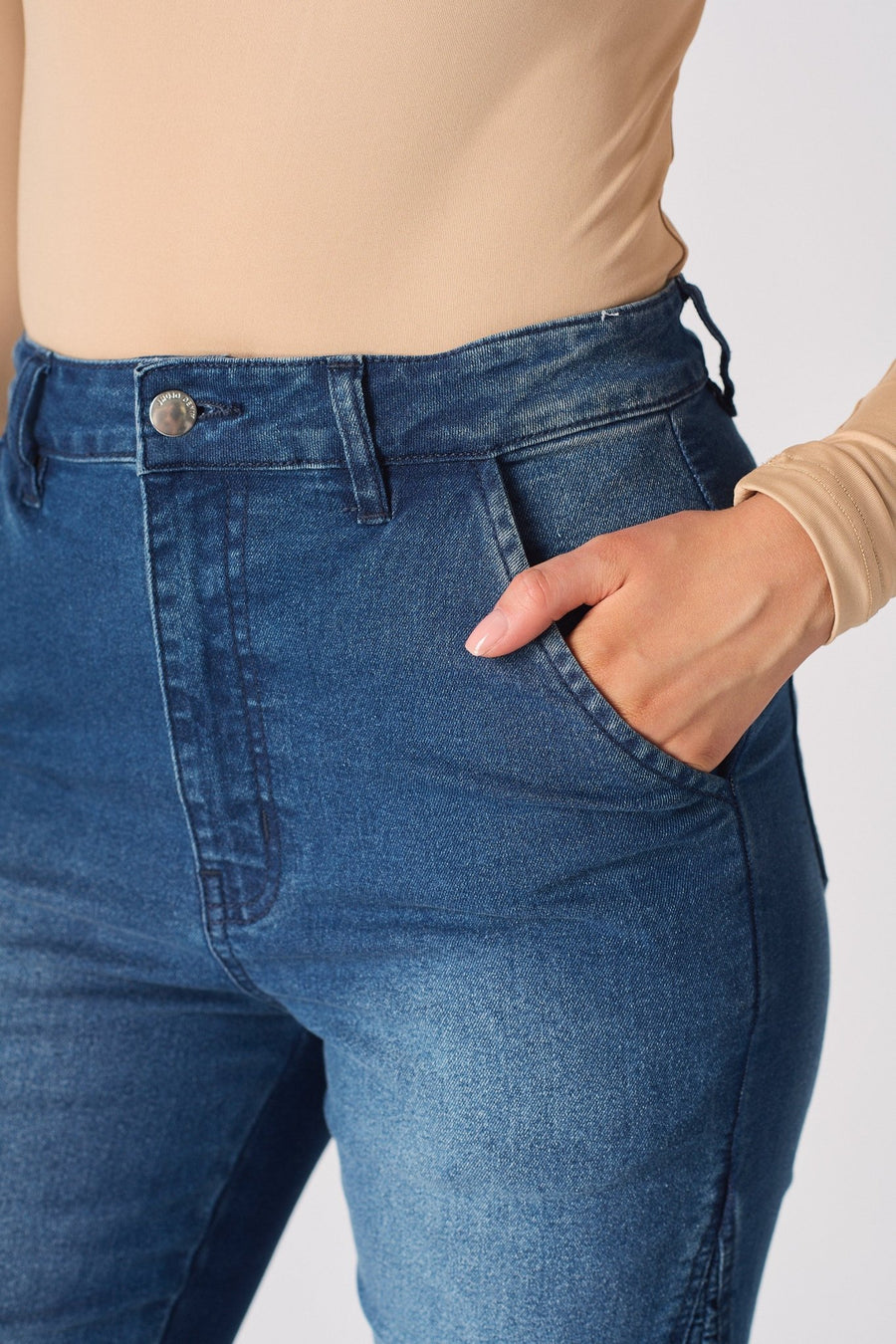 MAIA Ruched High Waisted Flare Jeans - Mid Blue - JMOJO - Women's Flare Jeans