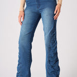 MAIA Ruched High Waisted Flare Jeans - Mid Blue - JMOJO - Women's Flare Jeans