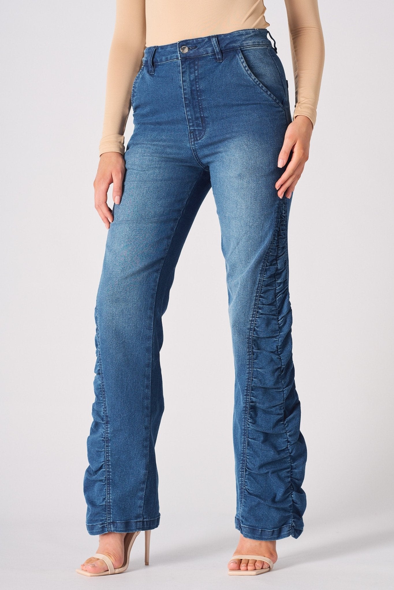 MAIA Ruched High Waisted Flare Jeans - Mid Blue - JMOJO - Women's Flare Jeans