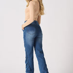 MAIA Ruched High Waisted Flare Jeans - Mid Blue - JMOJO - Women's Flare Jeans
