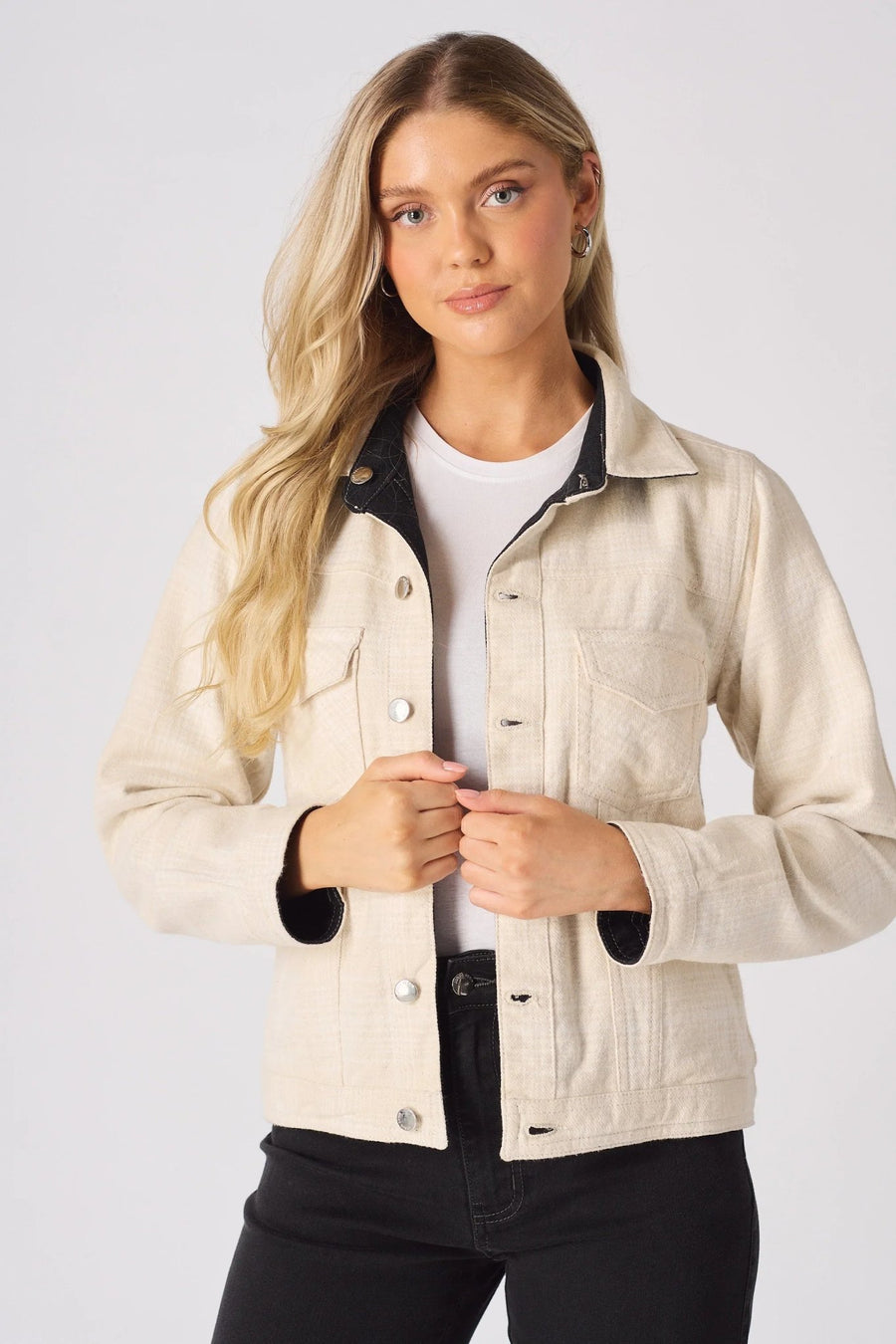 Mason 2 - in - 1 Reversible Denim Jacket – Beige & Black - JMOJO - Women's Denim Jacket Reversible