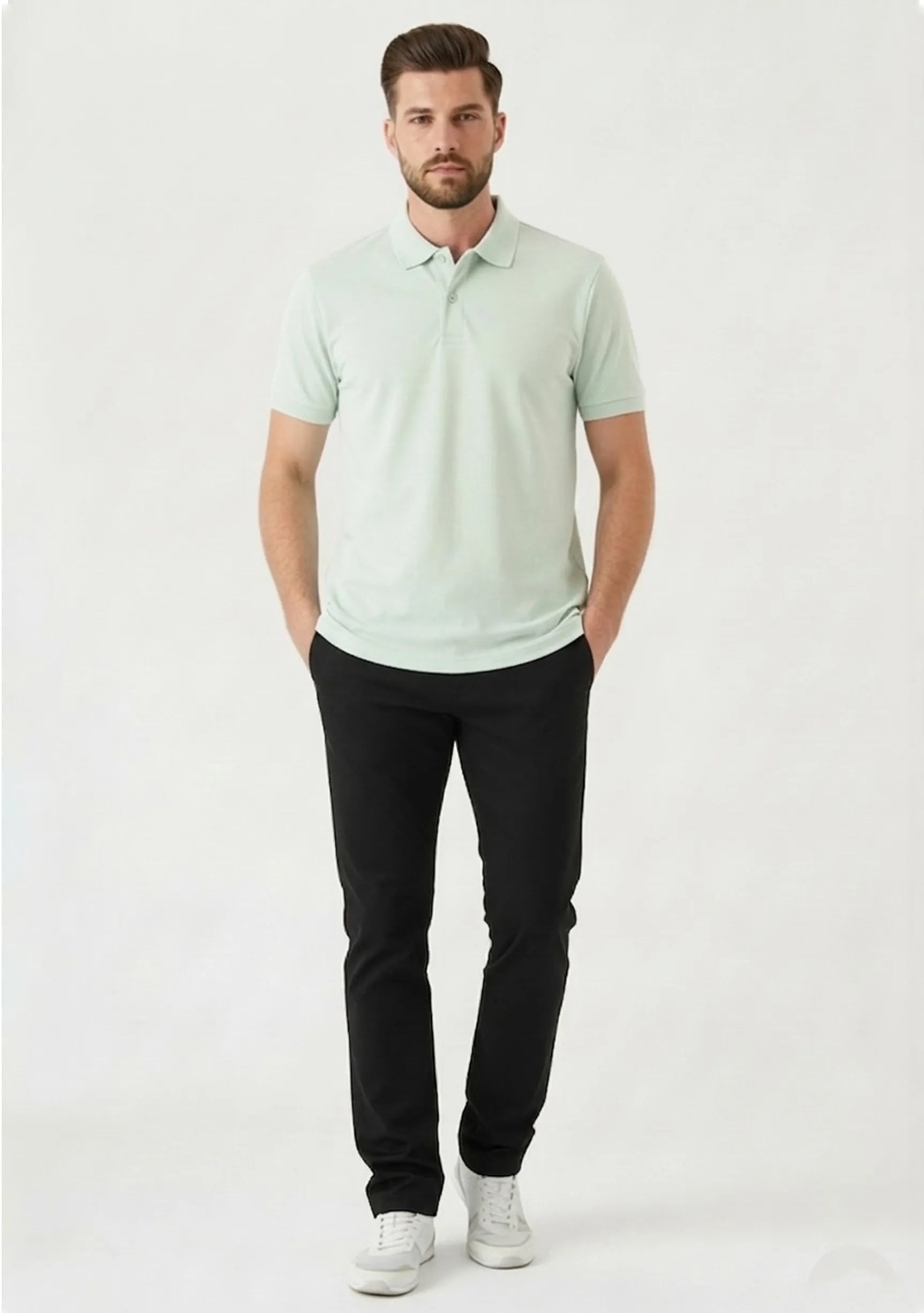 Full back view showcasing the tailored fit of mens black slim fit trousers.