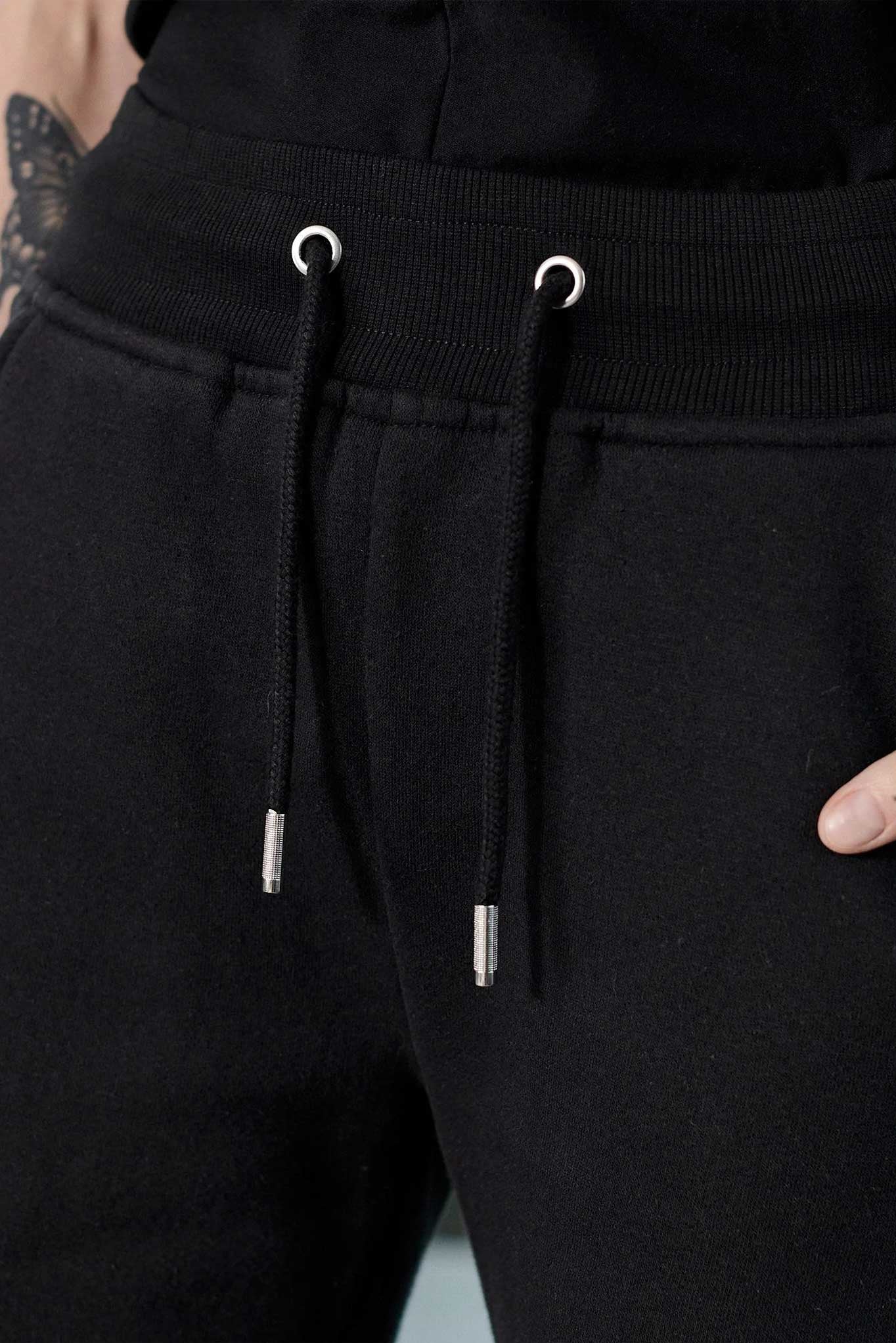 mens black sweat shorts drawstring and silver aglet