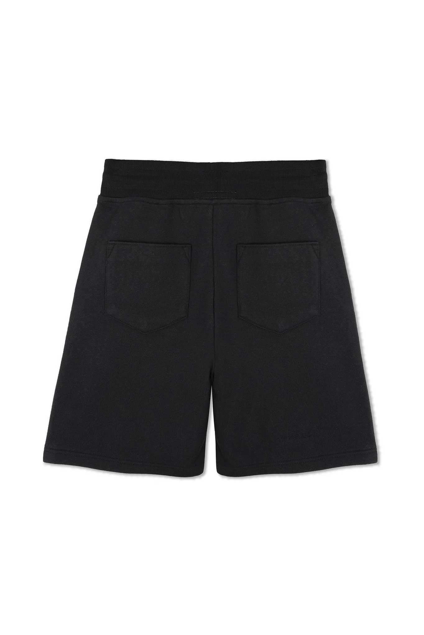 mens black sweat shorts flat lay back showing two patch pockets