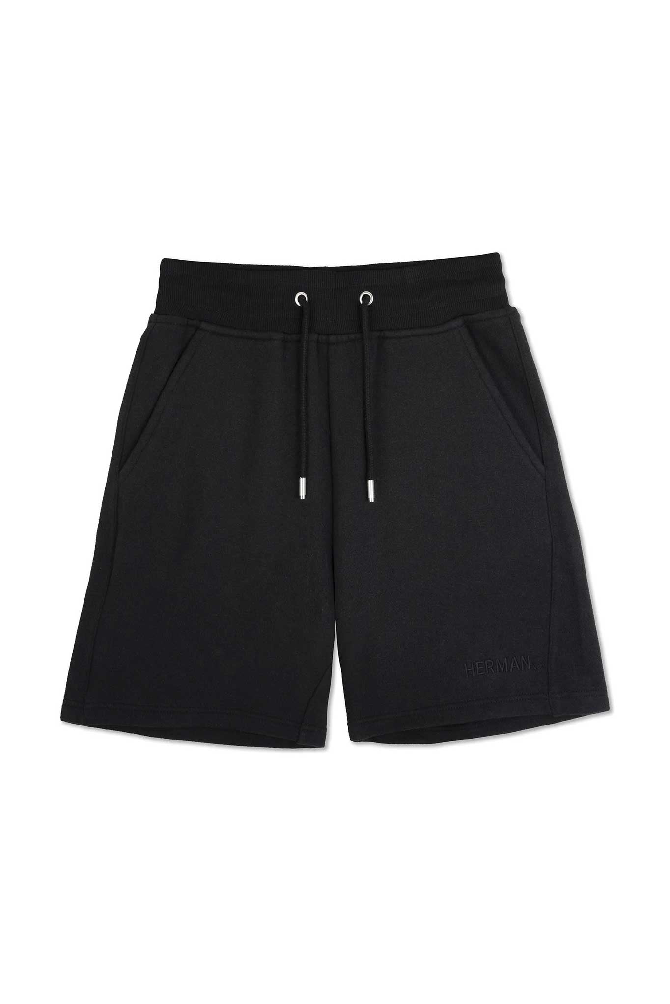 mens black relaxed sweat shorts flat lay front