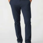 Close-up front detail of mens blue chino trousers showcasing the tailored slim fit.