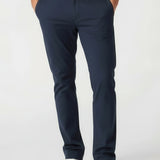 Close-up front detail of mens blue chino trousers showcasing the tailored slim fit.
