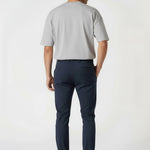 Rear view highlighting the comfortable stretch fit and pockets of mens blue chinos.