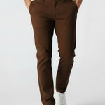 Close up front detail of dark brown mens chinos