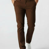 Close up front detail of dark brown mens chinos