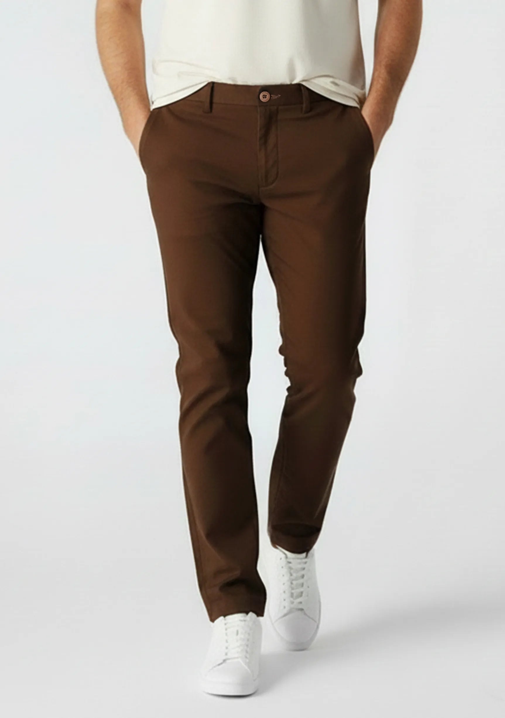 Close up front detail of dark brown mens chinos