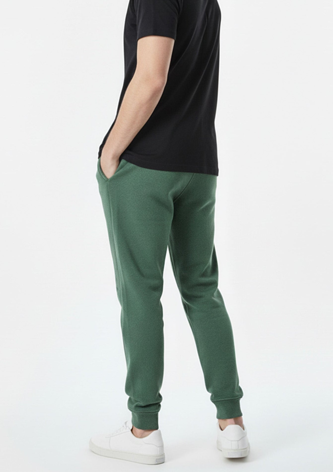back angle view of mens dark green tapered joggers