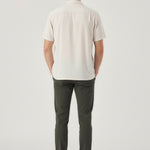 Full back shot of stylish mens olive trousers highlighting the modern slim fit silhouette.