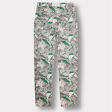 Back view of the men's printed denim jeans laid flat.