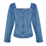 Mid wash denim lace up top flat lay back