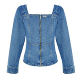 Mid wash denim lace up top flat lay back