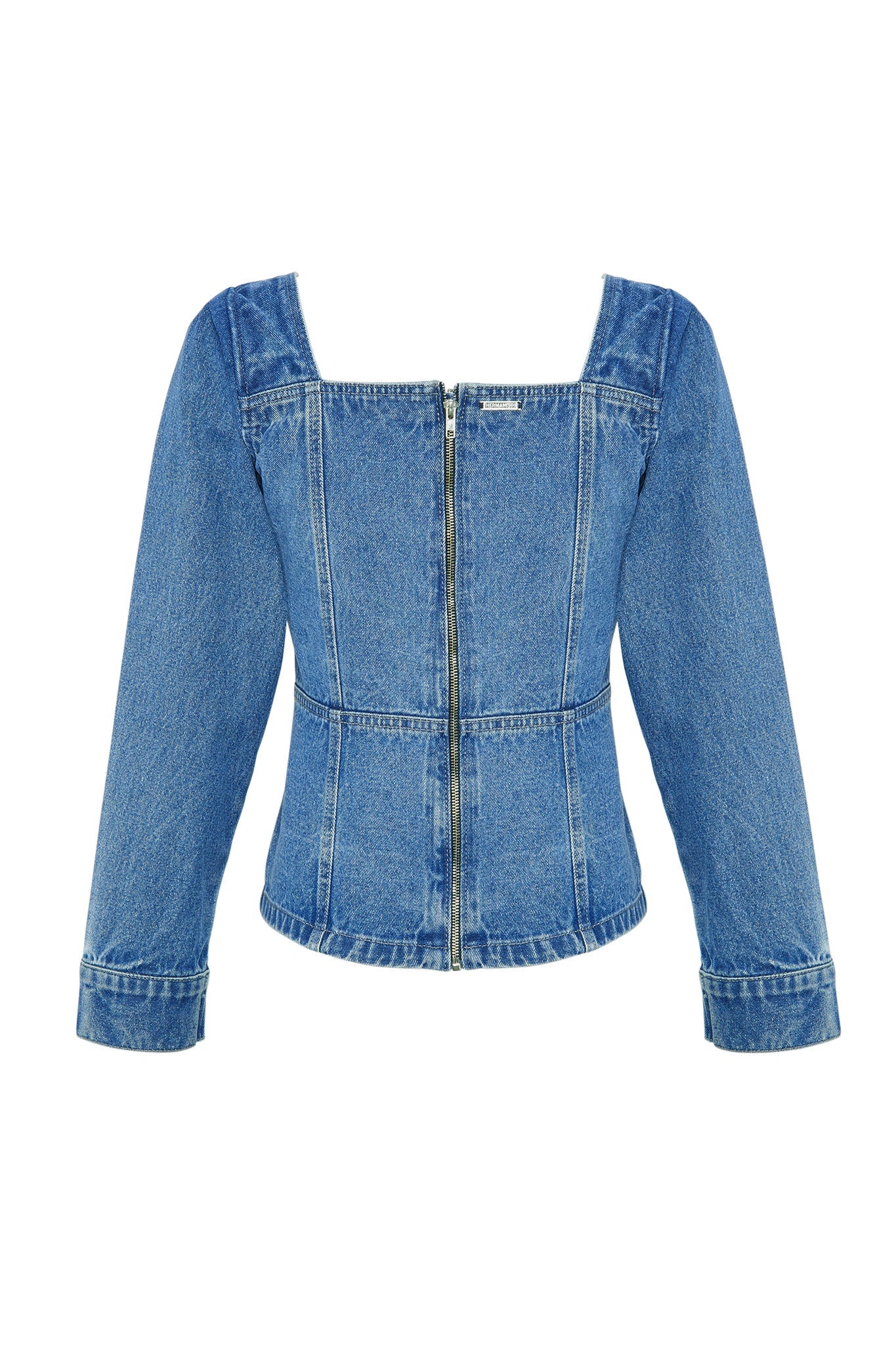 Mid wash denim lace up top flat lay back