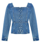 Mid wash denim lace up top flat lay front