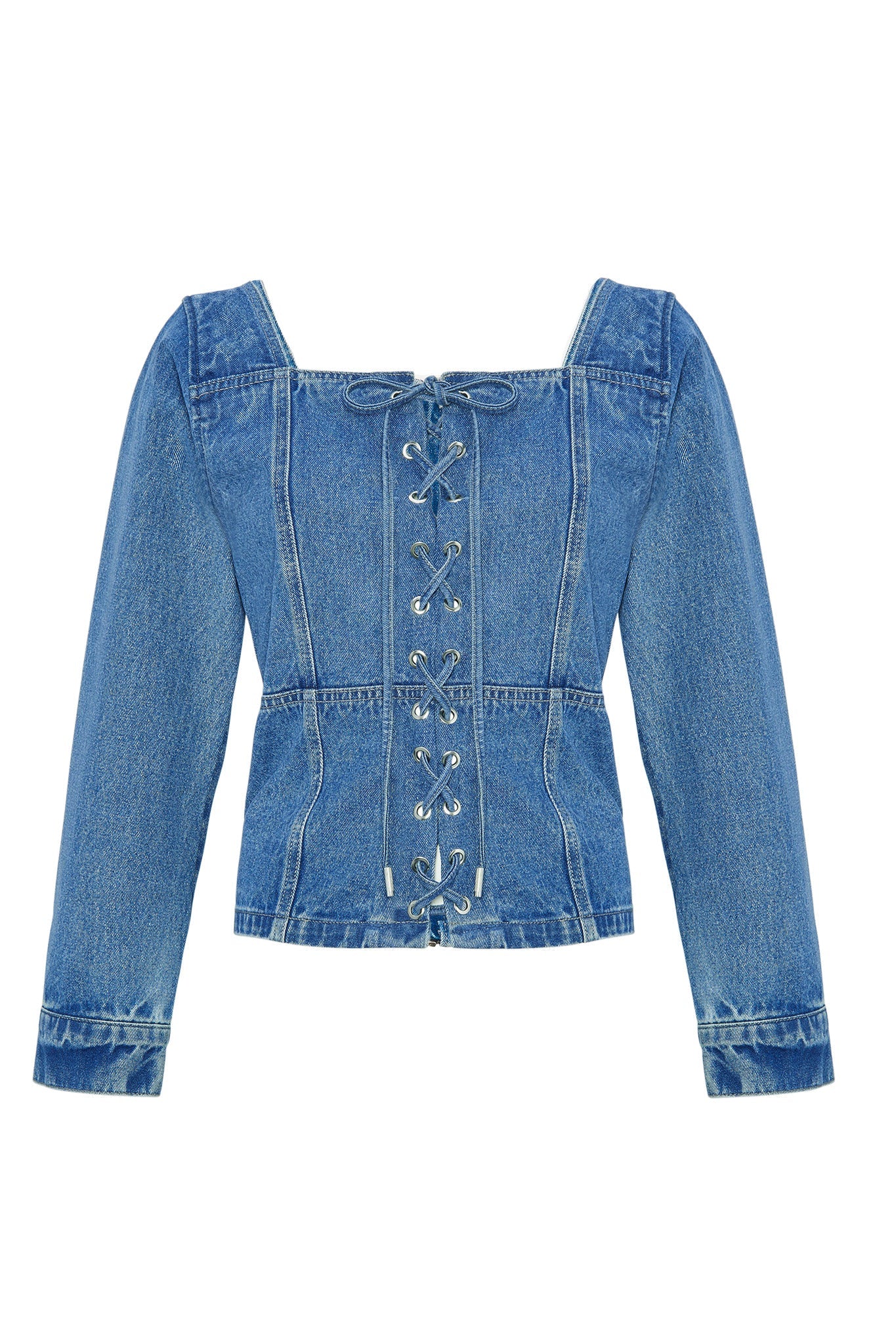 Mid wash denim lace up top flat lay front
