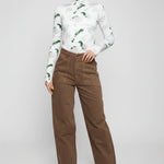 Front view of women's mocha brown utility wide leg pants with patch pockets