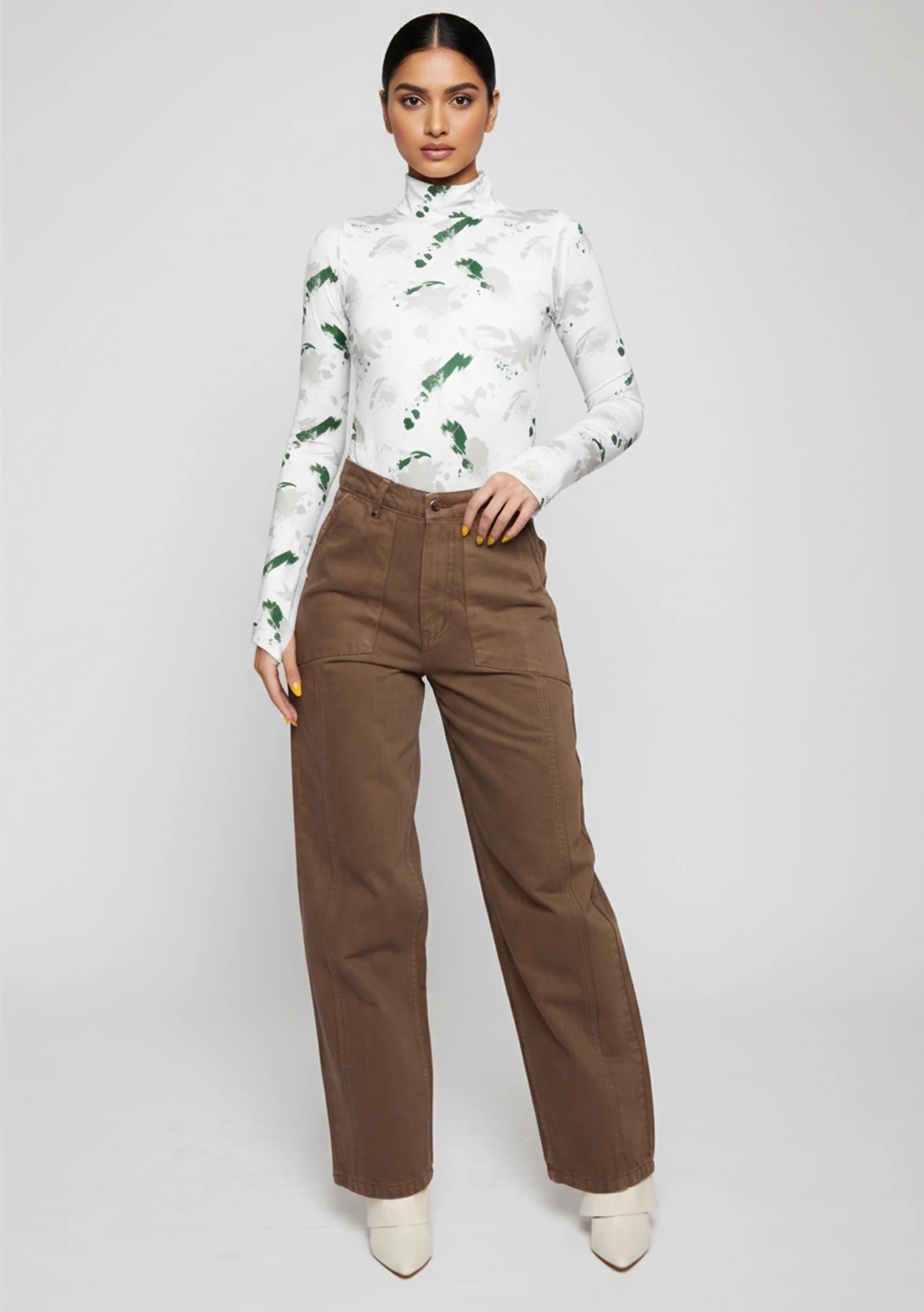 Front view of women's mocha brown utility wide leg pants with patch pockets