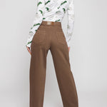 Full back view of women's high-waisted mocha brown wide leg trousers